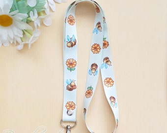 kawaii bees Lanyard with Silver Lobster Clasp | Cute Lanyard | Cute Key Holder cottagecore, bee sunflowers flowers