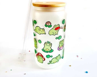 Kawaii Froggy Friends Cup Iced Coffee Glass, Glass Can with Bamboo Lid and straw, Cute, Kawaii Cup, Purple, Frogs, Cup, Drink