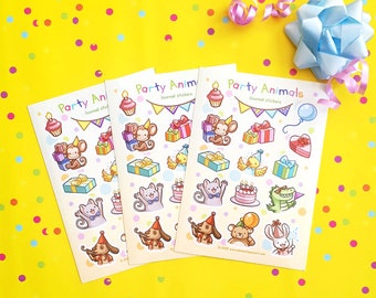 cute party animals Sticker sheet - Kawaii Planner- stickers- birthday stickers - journalling - stationary - animals - food