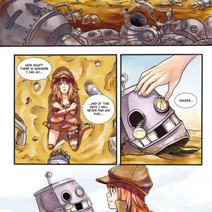 May include: Comic book panel showing a young woman in a post-apocalyptic setting with robot parts. Speech bubbles contain the phrases "What's this? This place looks like a robot cemetery" and "Now what? There is nowhere I can go..." The woman holds a robot head.