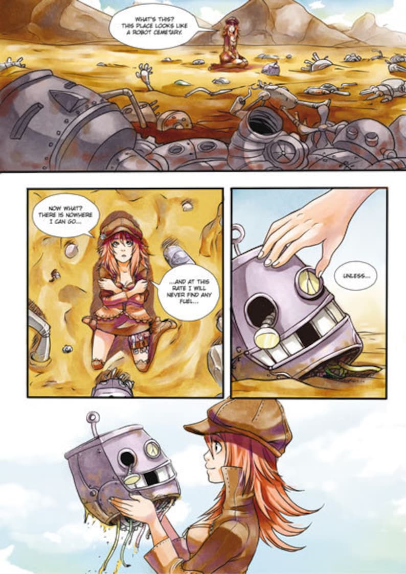 May include: Comic book panel showing a young woman in a post-apocalyptic setting with robot parts. Speech bubbles contain the phrases "What's this? This place looks like a robot cemetery" and "Now what? There is nowhere I can go..." The woman holds a robot head.