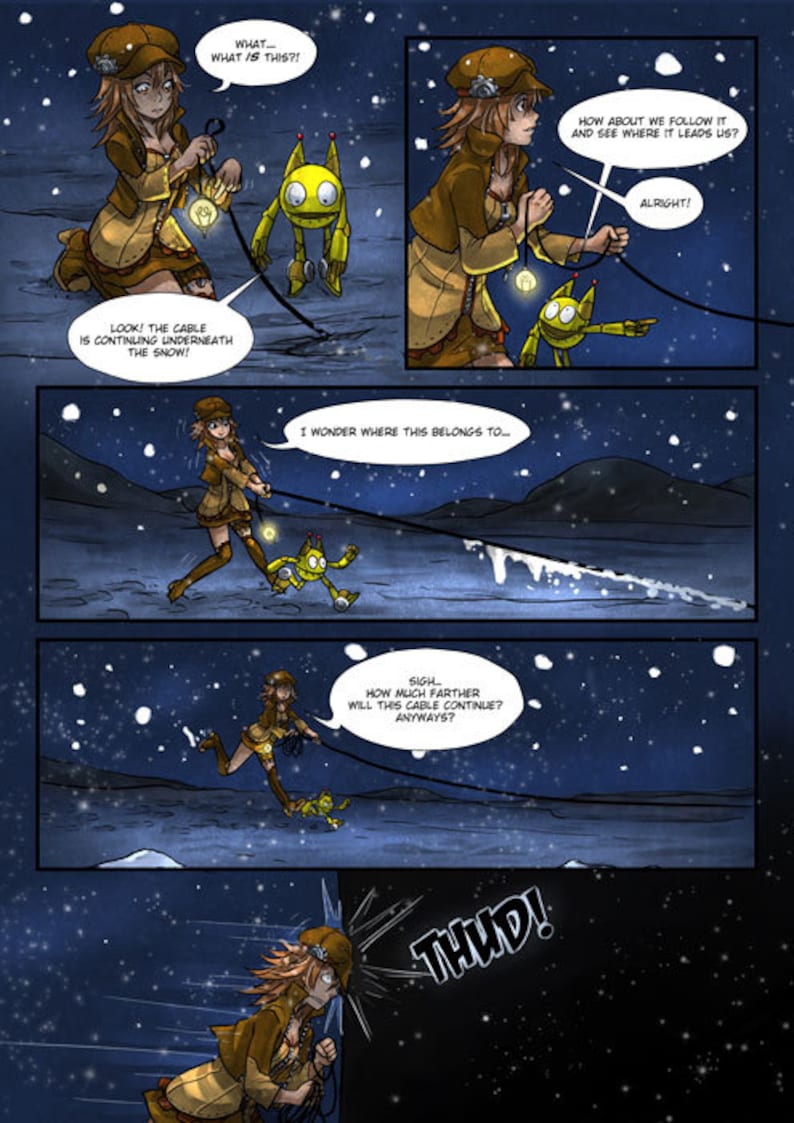 May include: Comic strip illustration of a young woman in a brown outfit and hat, exploring a snowy landscape with a yellow robot. Speech bubbles contain text like "What is this?" and "How about we follow it?"