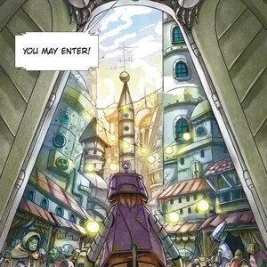 May include: A cartoon illustration of a futuristic city with a person in a purple outfit. The image has a cartoon style with the text "YOU MAY ENTER!" in a white box.