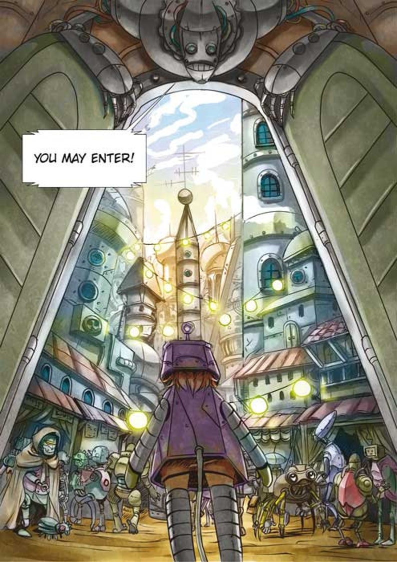 May include: A cartoon illustration of a futuristic city with a person in a purple outfit. The image has a cartoon style with the text "YOU MAY ENTER!" in a white box.