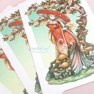 May include: A whimsical illustration of a woman in a red and white dress standing under a mushroom with a tree and mushrooms in the background. The illustration is on a white background.