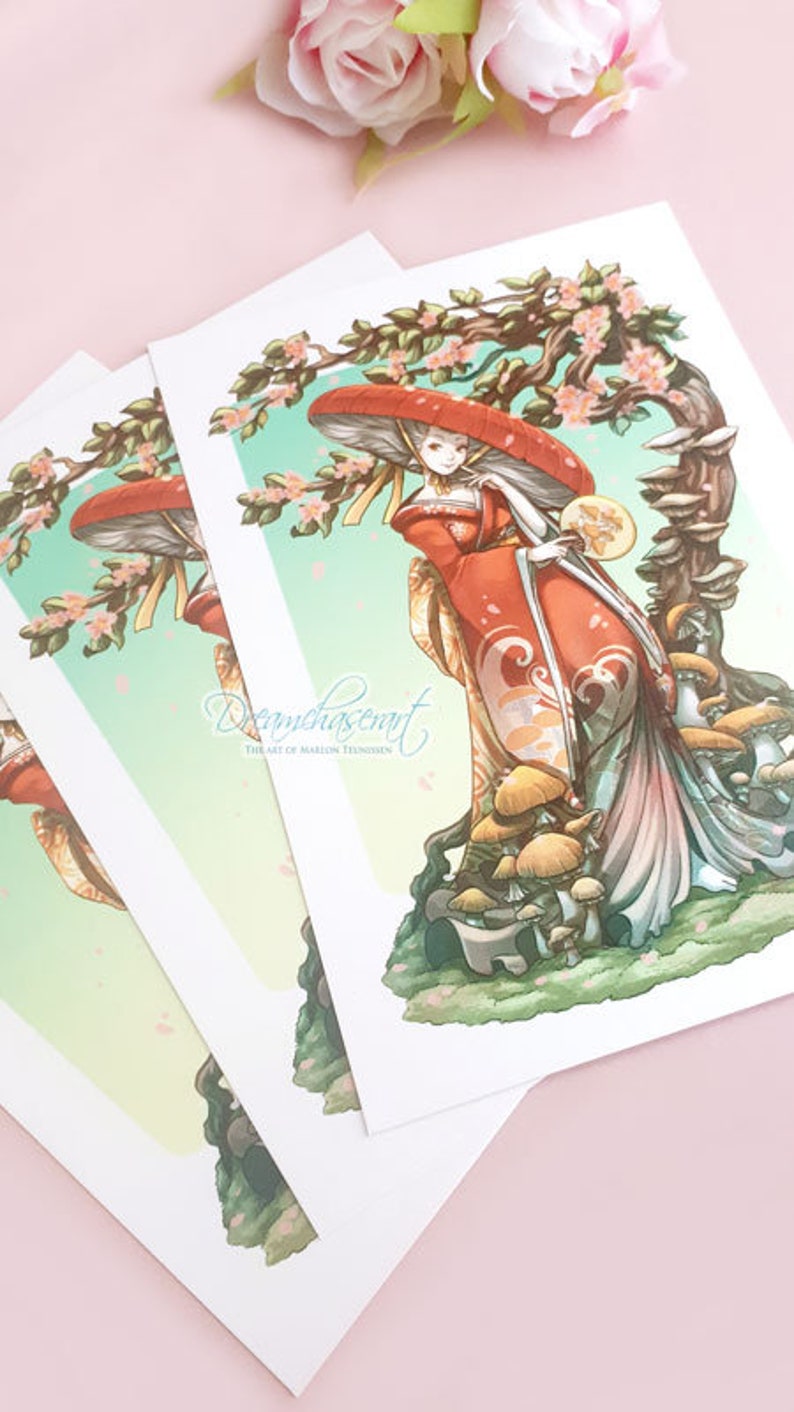 May include: A whimsical illustration of a woman in a red and white dress standing under a mushroom with a tree and mushrooms in the background. The illustration is on a white background.