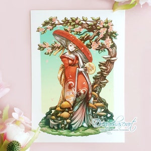 Geisha champignon ~ impression de carte postale petite fille ~ illustration de carte postale ~ jolies cadeaux de carte postale ~ illustration ~ dreamchaserart