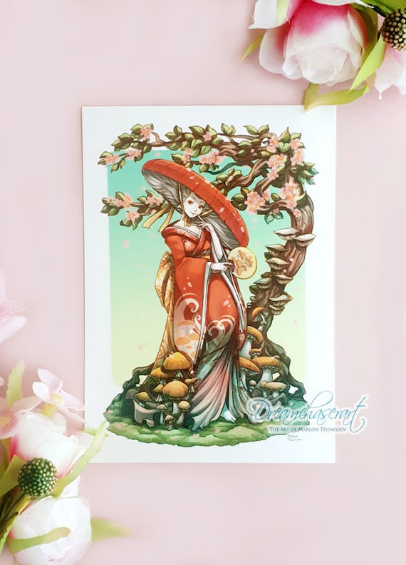 Mushroom Geisha ~ Mushy girl Postcard Print ~ Postcard Illustration ~ Cute Postcard Gifts ~ Illustration ~ Dreamchaserart