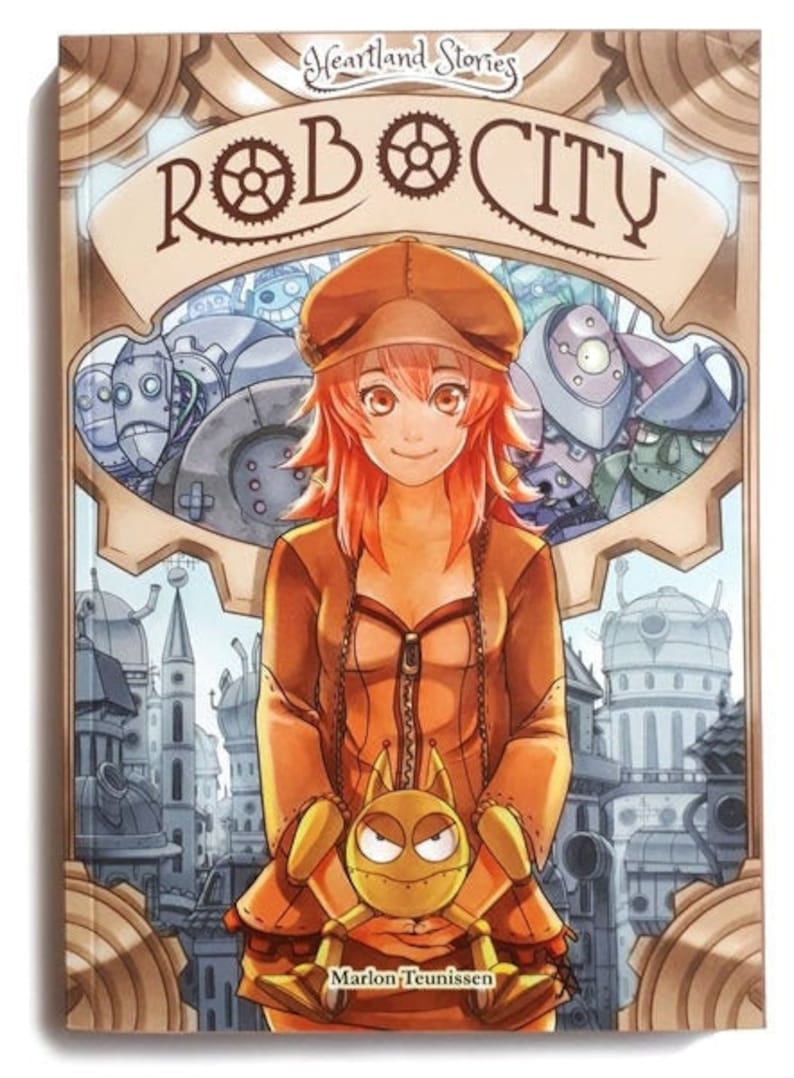 May include: The cover of a book titled "ROBOCITY" by Marlon Teunissen. It depicts a person with orange hair and a brown outfit holding a yellow robot. The background shows a cityscape with robots and gears, with the title at the top.