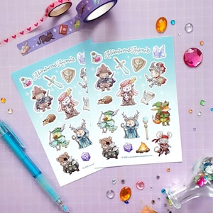 May include: Two sheets of stickers featuring adorable animal characters in various fantasy roles. The stickers are on a light purple background with colorful glitter accents. The text on the stickers reads "Adventurous Animals".