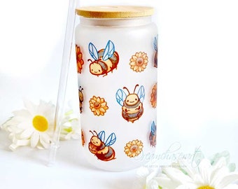 Buzzy bee's Cup Iced Coffee Glass, Glass Can with Bamboo Lid and straw, Cute, Kawaii Cup, bee girl, Cup, Drink,