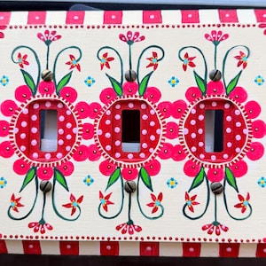 Hand Painted Triple Toggle Switch Plate Cover “Tilly” Red Checked, Folk Art Wall Plate, Cottagecore Floral Light Switch Cover by LM McGrath