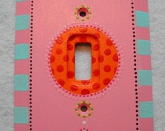 Hand Painted Single Toggle Switch Plate / Pink and Orange with Turquiose Checked Edge