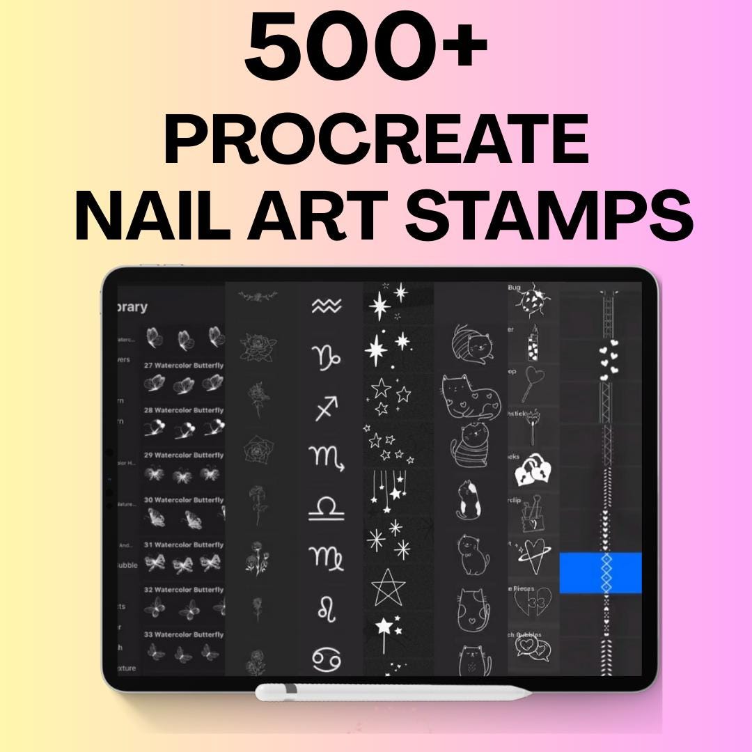 500+ Procreate Nail Art Stamps Set for iPad — Hearts, Zodiac, Lips, Butterflies & More