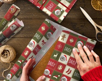 Custom Photo Christmas Wrapping Paper | Personalized Dog Cat Face Gift Wrap | Cute Pet Pattern Holiday Wrapping Paper