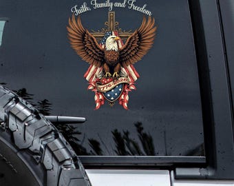Faith, Family & Freedom Bald Eagle With US Flag And Cross Car Window Decal Sticker