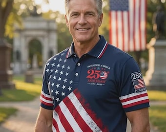 250 Years Patriotic Golf Polo Shirt, USA Flag AOP Polo for Men, 4th of July Independence Day Shirt