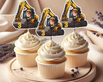 Custom Face Excavator Cupcake Toppers, Construction Party Decor