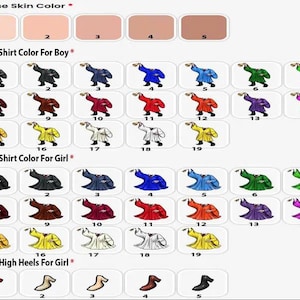 May include: A digital image showing a variety of skin tones, shirt colors, and high heels. The image is divided into three sections: Choose Skin Color, Choose Shirt Color for Boy, and Choose Shirt Color for Girl. The image is likely from a website or app that allows users to customize avatars or characters.