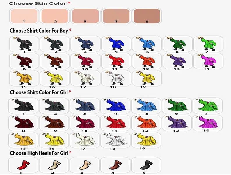 May include: A digital image showing a variety of skin tones, shirt colors, and high heels. The image is divided into three sections: Choose Skin Color, Choose Shirt Color for Boy, and Choose Shirt Color for Girl. The image is likely from a website or app that allows users to customize avatars or characters.