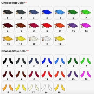 May include: A chart with two sections, one for choosing a hat color and one for choosing a stole color. The hat color section shows 19 different colored graduation caps. The stole color section shows 19 different colored stoles.