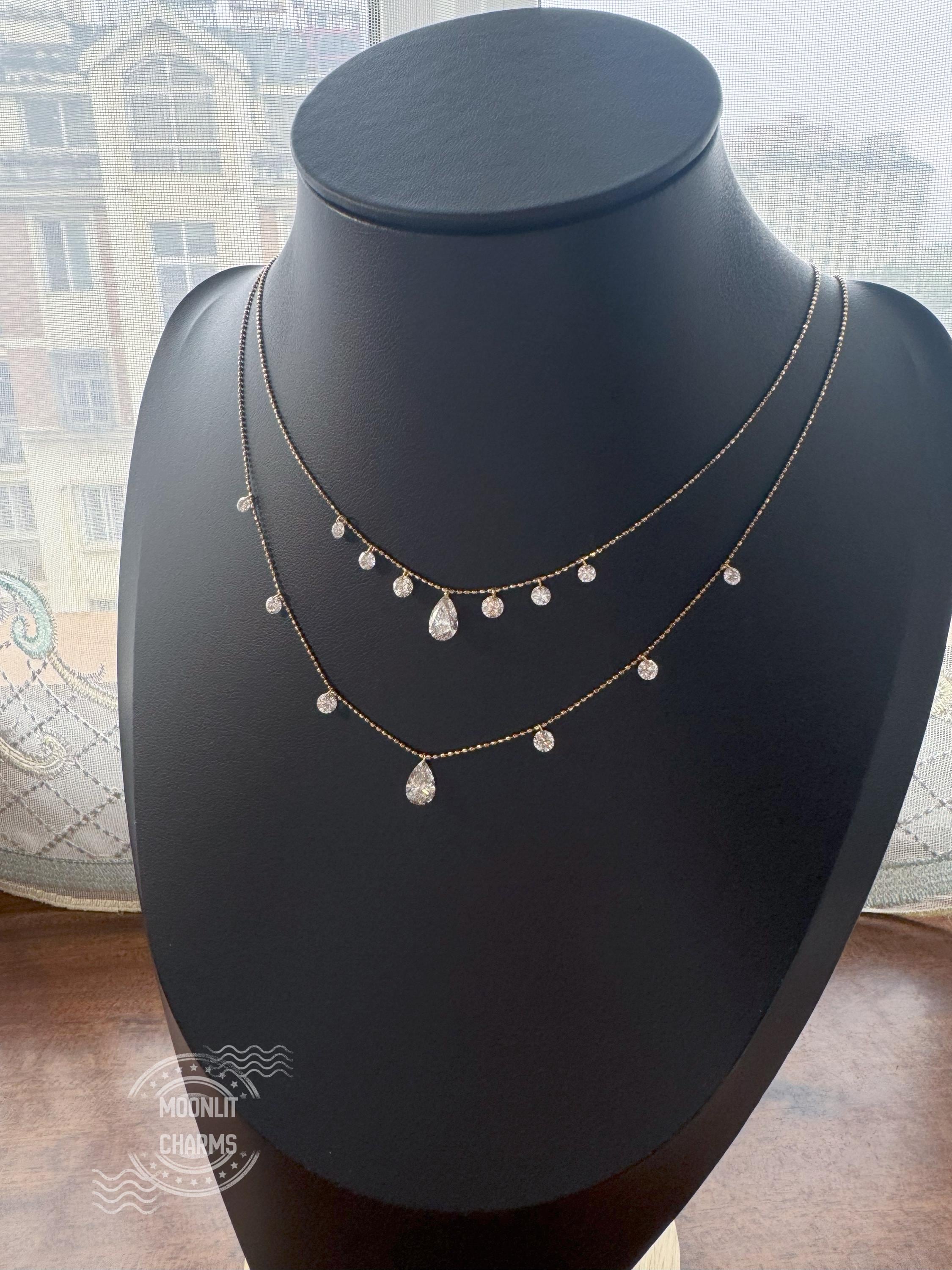 18K Solid Gold, 7 Floating Diamonds Necklace, 1.6ct Lab-diamond ...