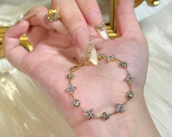 Bezel and Flowers Lab Diamonds Bracelet, bodas pulseras, 18K/14K/10K Solid Gold, Wedding Bracelet, Anniversary, Birthday, Gift for her