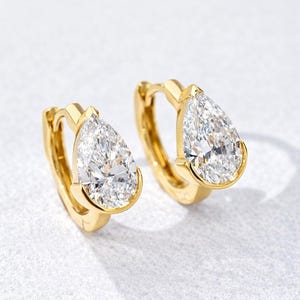 Pear Shape Lab Diamond Huggie Hoop Earrings, 14K Solid Gold Teardrop Hoop Earrings, Gift for her, birthday, anniversary