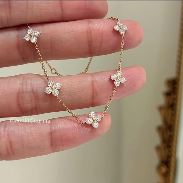 1Ct/1.4Ct Lab Diamond Clover Bracelet, 18K/14K Gold Flower Station Bracelet, Anniversary, Birthday, Gift for her, Lobster Clasp