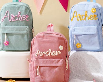 Zaino Personalizzato In Velluto A Coste Con Nome Ricamato – Per Bambini – 40x28x12 Cm – Scegli Colore E Testo