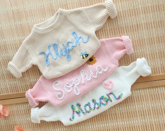 Personalized Baby Name Sweater, Hand Embroidered Name Baby Sweater,Knit Sweater Toddler, Custom Baby Sweater with Name,  Baby Gifts