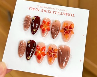 Handmade 3D Flower Press-On Nails: Orange & Brown Almond Nails
