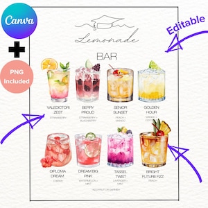 BENUTZERDEFINIERTE Abschlussfeier Limonade Bar Menü Canva Vorlage, 6 Dirty Soda Drink Zeichen PNG, Benutzerdefinierte Klasse von 2025 Grads Station Decor DRUCKBAR