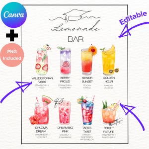 PERSONALISIERTE Abschlussfeier Limonade Bar Menü Canva Template Drink Zeichen Benutzerdefinierte Klasse von 2025 PNG grads Grad Drink Station Decor DRUCKBAR