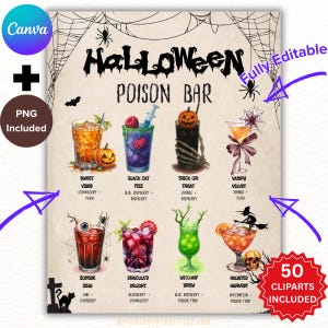 Modèle de menu de bar d&#39;Halloween PERSONNALISÉ ET IMPRIMABLE Signer les cocktails Signature d&#39;Halloween Menu de 6 boissons Boisson signature effrayante Choisissez votre poison