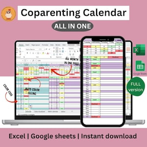 Calendario di co-genitorialità 2025, Planner di co-genitorialità, Foglio di calcolo di Google Fogli, Planner di affidamento dei figli, Co-genitorialità sana, Mantenimento dei figli