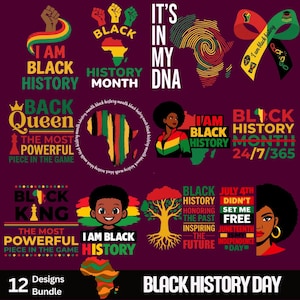 May include: A selection of 12 Black History Day designs on a dark purple background. The designs feature text including "I am Black History", "Black History Month", and "It's in my DNA", alongside illustrations of the African continent and Black figures.