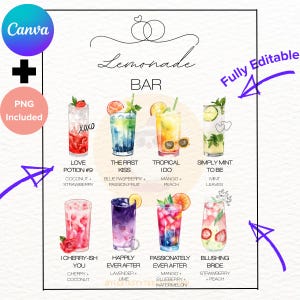 PERSONALISIERTE & DRUCKBAR Hochzeit Brautdusche Verlobungsfeier Limonade Bar Menü Vorlage PNG 6 Getränke Schild Station Braut-zu-Be Bearbeitbar