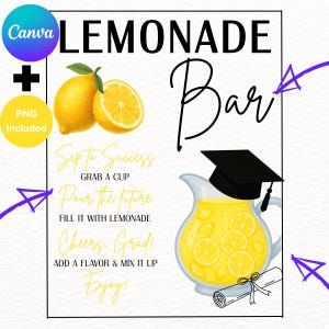 CUSTOMIZE DRUCKBAR Graduierung Limonade Bar Zeichen Canva Vorlage Grad Party Drink Station Klasse von 2025 Tabelle Senior Grads Dekor Einrichtung PNG