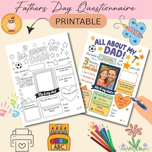 Alles über meinen Vater Vatertag Fragebogen Papa Geschenk von Kinder DIY Vatertag Malkarte Aktivität Füllen Sie das leere Interview aus