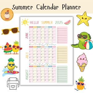 PRINTABLE 2025 Summer Calendar PDF Large Planner Poster Digital Download Easy Cute Schedule for Kids Fun Summer  Activity List End of School