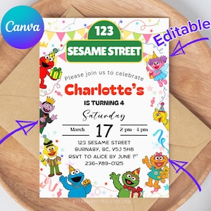 Convite de aniversário EDITÁVEL PARA IMPRIMIR Canva Modelo para menino e menina Crianças 2º convite Monstros de rua Elmo Festa Convite Cartão Vila Sésamo