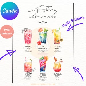 CUSTOMIZED PRINTABLE Graduation Party Lemonade Bar Menu PNG, 6 Drink Sign Custom Class of 2025 Grad Drink Station Decor Bridal Shower Party