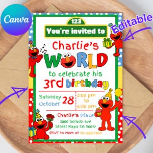 Convite de aniversário editável e imprimível para monstros de rua, modelo Canva, convite para 2ª festa do Elmo, festa de aniversário infantil para meninos e meninas, cartão da Vila Sésamo