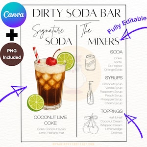 CUSTOMIZE DRUCKBAR Dirty Soda Bar Schild Vorlage Mocktail Print Signature Drink Menu Poster Nicht alkoholische Bar Grad Baby Brautdusche Decor