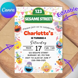 Invitación de cumpleaños colorida de Barrio Sésamo EDITABLE E IMPRIMIBLE Invitación de cumpleaños autoeditable Plantilla Canva Fiesta infantil Tarjeta de cumpleaños de Evite