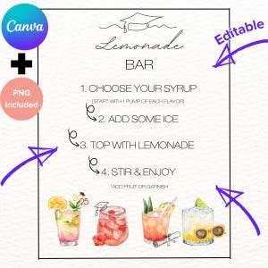 PERSONALIZED PRINTABLE Graduation Party Lemonade Bar Sign Canva Template Grad Party Drink Station Table Decor 2025 DIY Menu Instructions png