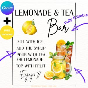 CUSTOMIZE PRINTABLE Iced Tea & Lemonade Bar Sign Lemonade bar Menu Signature Drink Editable Canva Template Summer Party Drink Station Decor