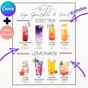 CUSTOMIZE DRUCKBAR Abschlussfeier Eistee & Limonade Bar Zeichen Canva Vorlage Unterschrift 6 Getränkekarte Nicht alkoholische Grad Baby Braut PNG