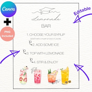 CUSTOMIZE DRUCKBAR Abschlussfeier Limonade Bar Zeichen Canva Vorlage Grad Party Getränk Station Tischdekor 2025 DIY Menüanleitung png